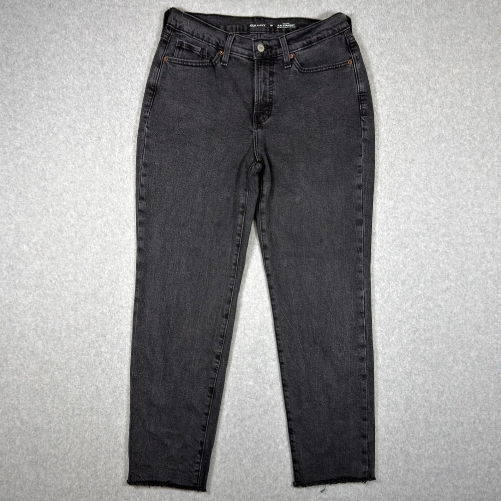 Old Navy OG Straight High Rise Jeans Black Raw Hem Size 10 Stretch Denim